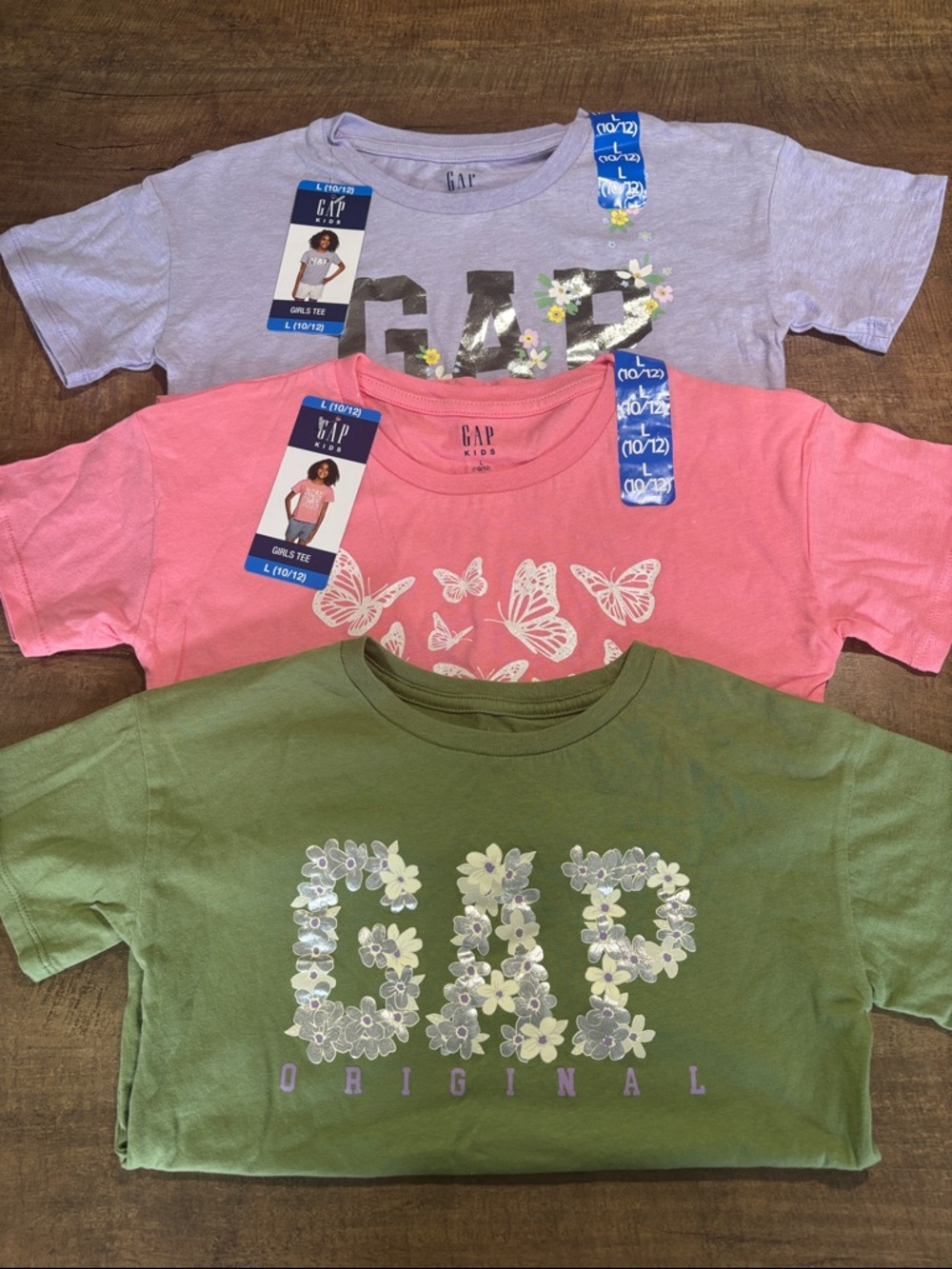 GAP Girls Short-Sleeve Floral Logo Tees in Green, Pink & Lavender L (10/12)
